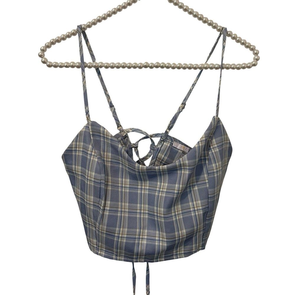 Iris Tank Top Women's Large Plaid Corset Back Cropped Twee Shirt Festival Boho